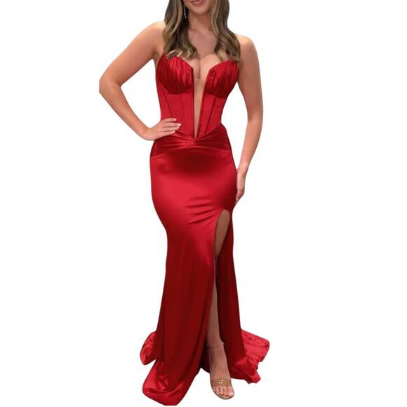 JOVANI Dresses & Skirts - NEW JOVANI strapless fitted satin gown with corset and train in red
